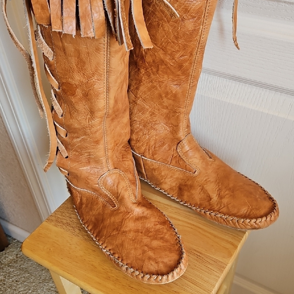Handmade Brown Leather Fringe Boots - Picture 2 of 7